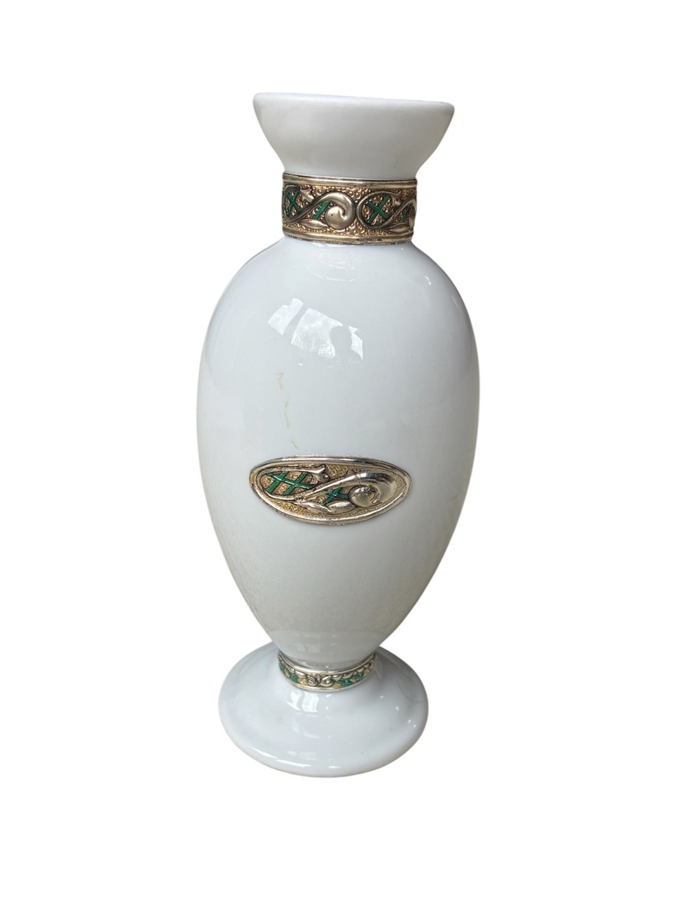 Vintage White Porcelain Celtic Bud Vase with Silver and Green Enamel Trim